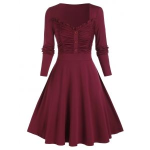 

Plus Size Smocked Ruched Frilled A Line Dress, Red wine