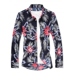 

Tropical Leaf Flower Print Button Up Long Sleeve Shirt, Black