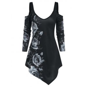 Cold Shoulder Floral Print Asymmetrical T Shirt, Black
Cold Shoulder Floral Print Asymmetrical T Shirt, Black