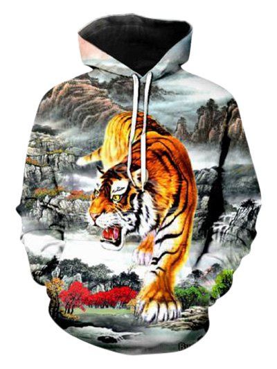 

Casual Tiger Landscape Pattern Front Pocket Hoodie, Multi