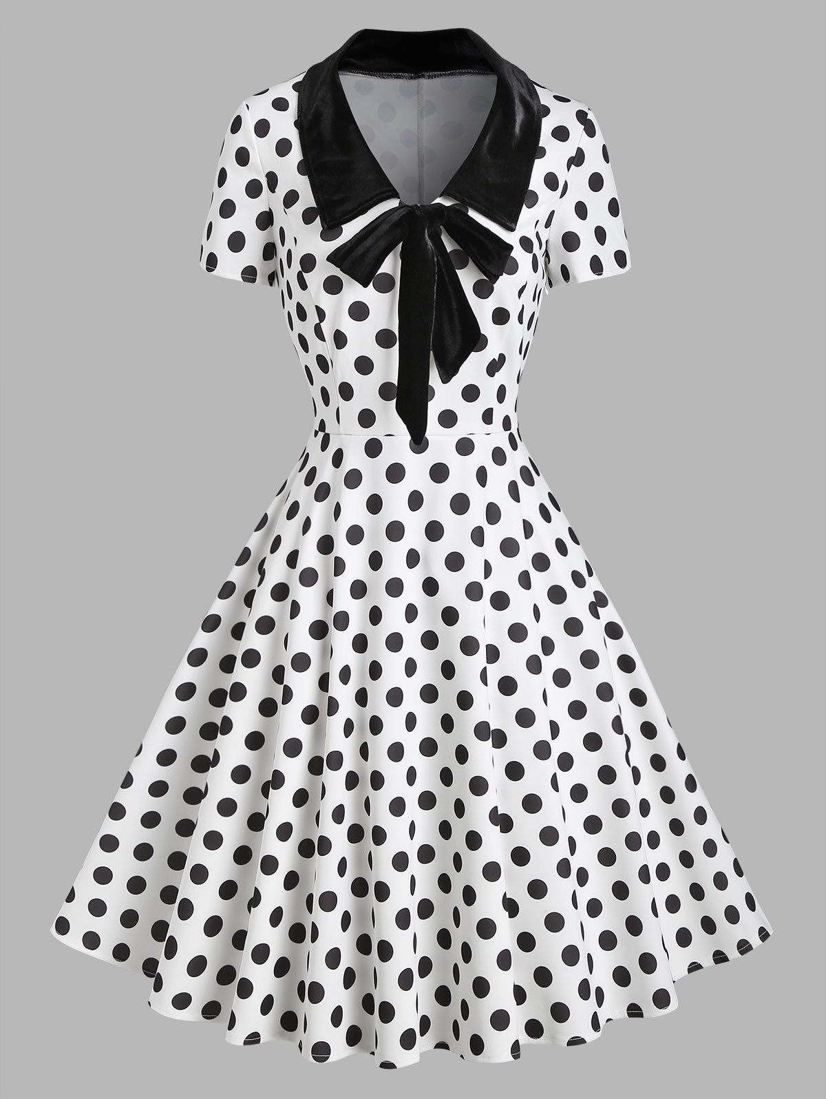 

Polka Dot Velvet Insert Bowknot Flat Collar Dress, White