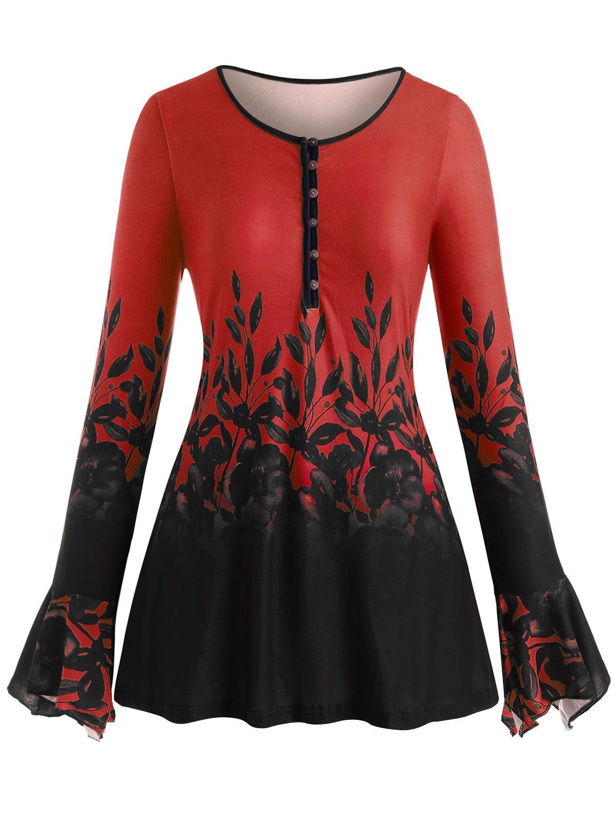 Plus Size Bell Sleeve Half Button Floral Print Tee, Red
Plus Size Bell Sleeve Half Button Floral Print Tee, Red