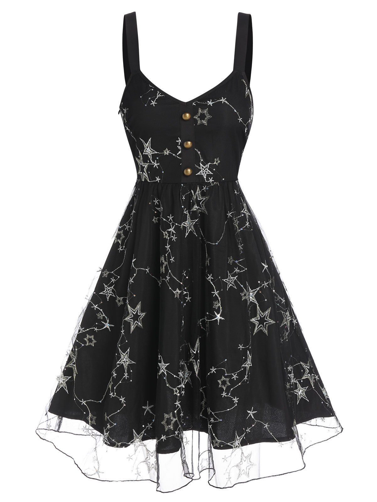 

Star Pattern Mock Button Overlay Lace Cami Dress, Black