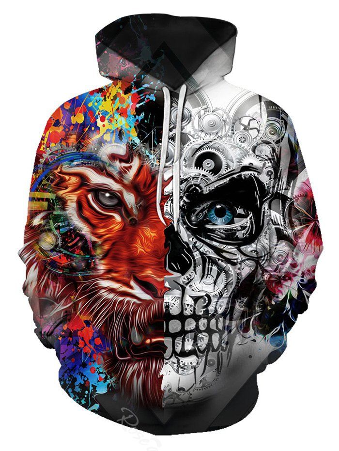 

Two Face Tiger Pattern Front Pocket Pullover Hoodie, Multi