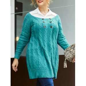 

Plus Size Cable Knit Slit Raglan Sleeve Buttoned Tunic Sweater, Light blue