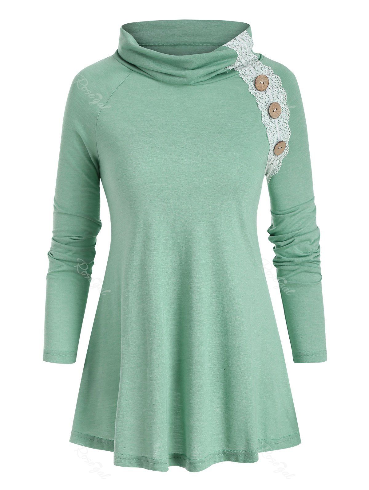 

Mock Button Lace Panel Raglan Sleeve T-shirt, Light green