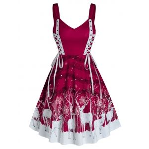 

Christmas Lace Up Elk Print Fit and Flare Dress, Red