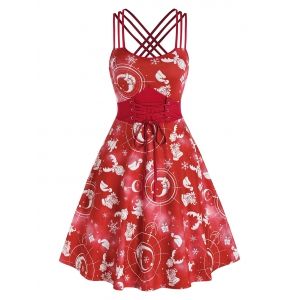 

Lace Up Strappy Crisscross Christmas Printed Dress, Red wine