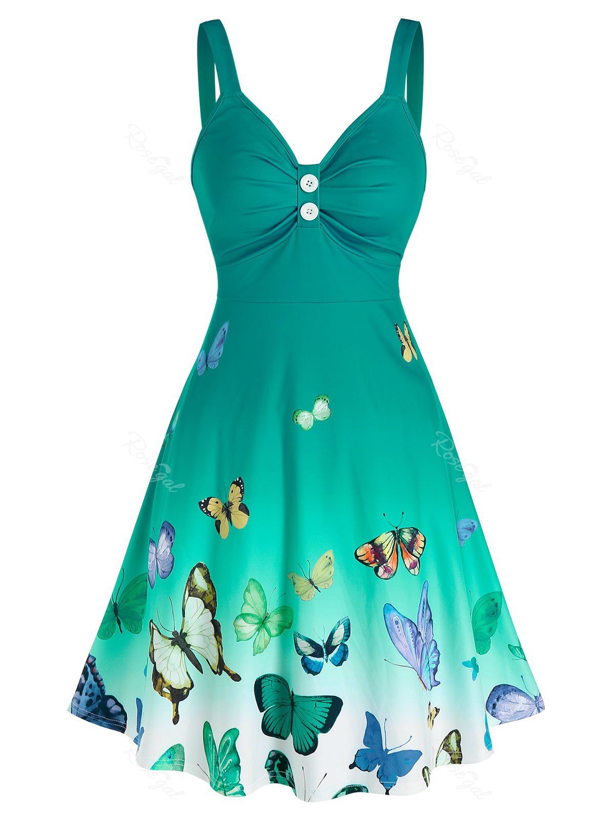 

Ombre Color Butterfly Print Ruched Dress, Light green