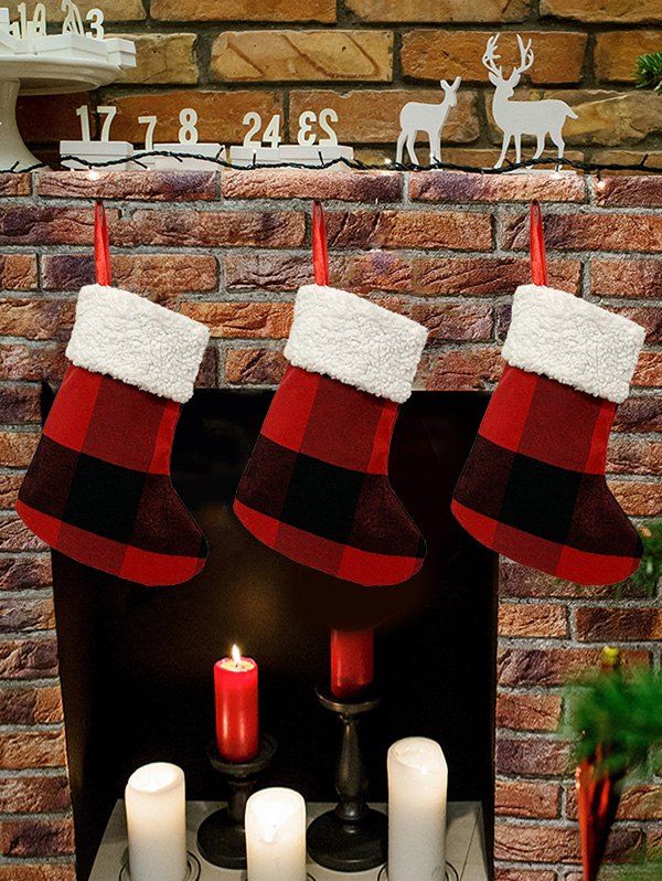 

6Pcs Plaid Christmas Stocking Hanging Decor Set, Red