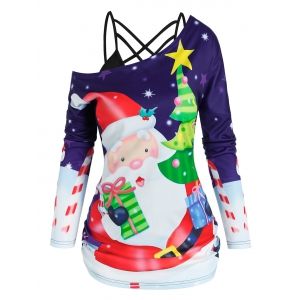 

Christmas Tree Santa Claus Print Skew Neck T-shirt and Strappy Cami Top, Concord