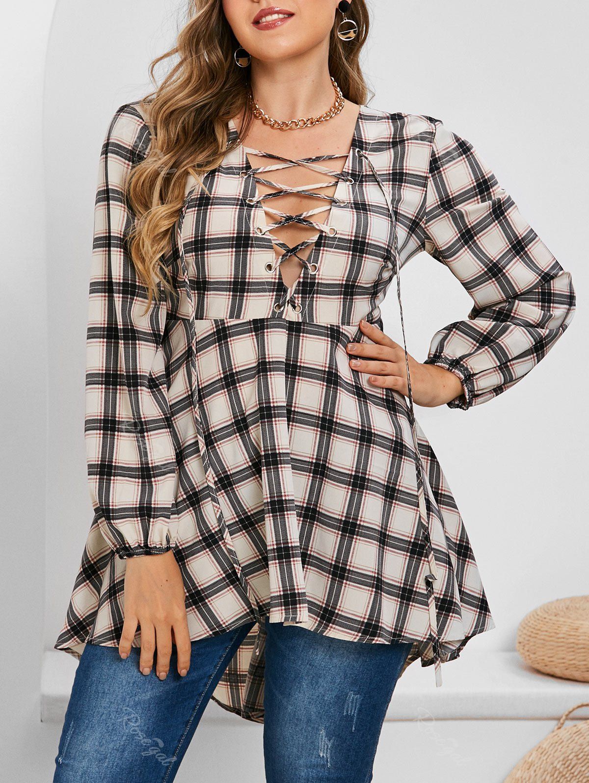 Lace Up High Low Plaid Tartan Plus Size Top, Blanched almond
Lace Up High Low Plaid Tartan Plus Size Top, Blanched almond