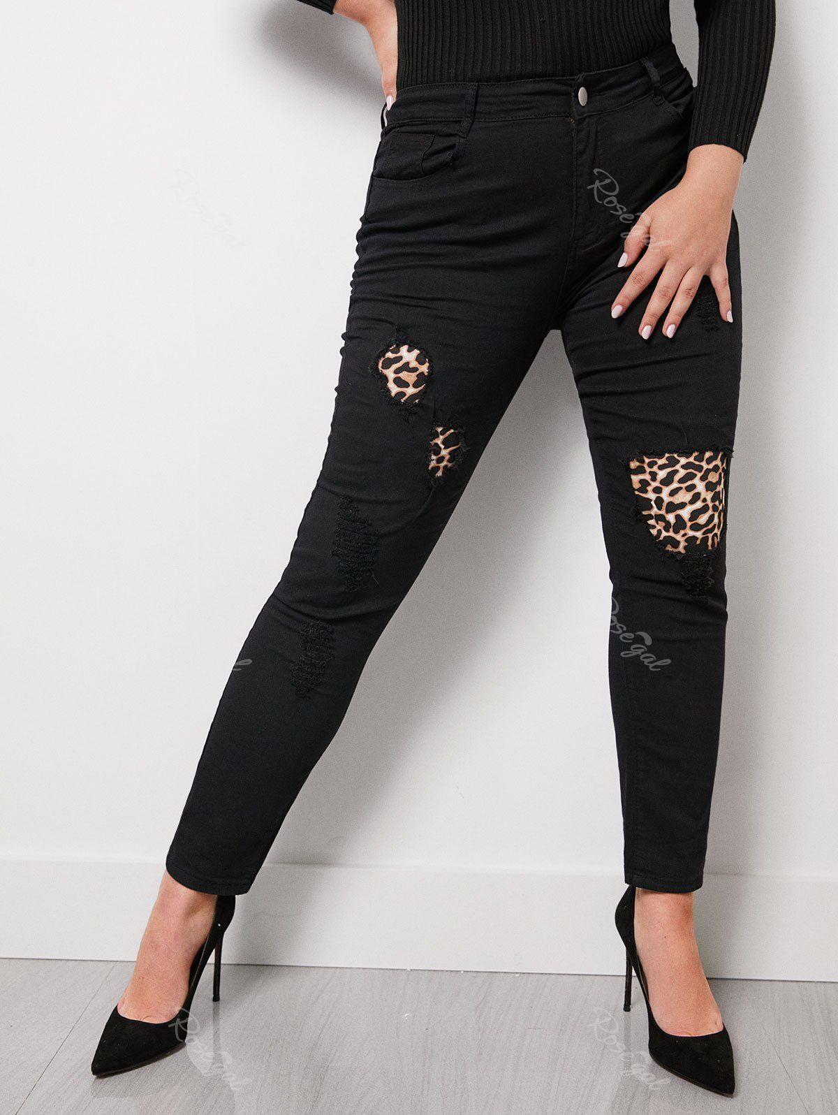 Leopard Panel Distressed Plus Size Skinny Jeans, Black
Leopard Panel Distressed Plus Size Skinny Jeans, Black