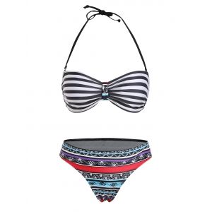 

Sexy Halter Neck Striped Ethnic Print Women's Bikini Set, Colormix