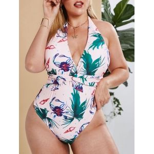 Plus Size Halter Oncomelania Crab Plant Print Twist One-piece Swimsuit, Light pink
Plus Size Halter Oncomelania Crab Plant Print Twist One-piece Swimsuit, Light pink