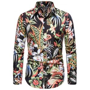 

Tropical Leaves Flower Long Sleeve Print Shirt, Black