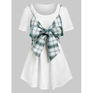 

Plus Size Plaid Bowknot Crop Top and Long Tunic Tee Set, Green