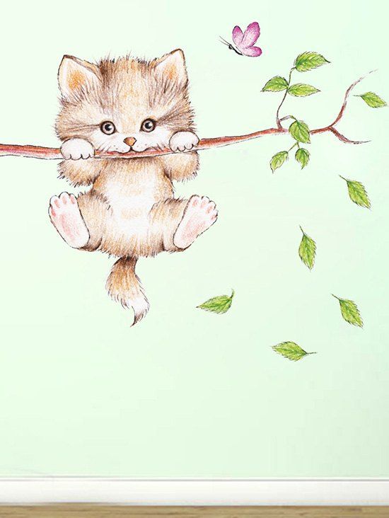 

Cute Cat Branch Pattern Decorative Wall Stickers, Multi-a