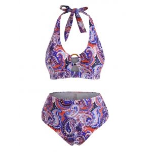 Plus Size Halter Paisley Print O-ring Ruched Full Covergae Bikini Swimwear, White
Plus Size Halter Paisley Print O-ring Ruched Full Covergae Bikini Swimwear, White