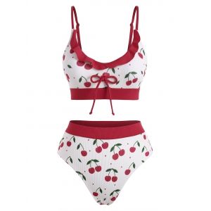 Cherry Print Ribbed Frilled Tie Tankini Swimwear, Red
Cherry Print Ribbed Frilled Tie Tankini Swimwear, Red