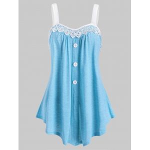 

Lace Panel Button Embellished Casual Tank Top, Light blue
