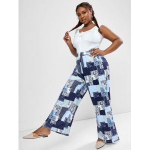 Plus Size Ruched Sleeveless Top and Paisley Patchwork Print Wide Leg Pants, Deep blue
Plus Size Ruched Sleeveless Top and Paisley Patchwork Print Wide Leg Pants, Deep blue