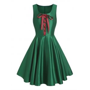 Princess Seam Contrast Lace Up Dress, Deep green 
Princess Seam Contrast Lace Up Dress, Deep green