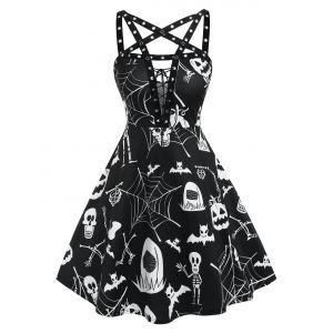 

Halloween Skull Bat Pumpkin Print Sleeveless Lace-up Dress, Black