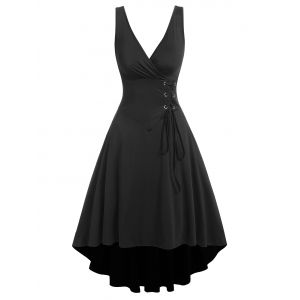 

Plunging Neck Corset Waist High Low Dress, Black