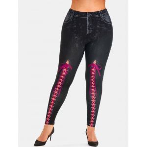 

Plus Size 3D Lace-up Print High Waisted Jeggings, Black