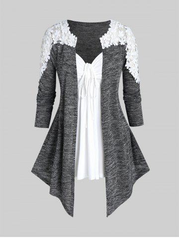 Plus Size Lace Panel Open Front Cardigan And Cinched Tank Top Set 69