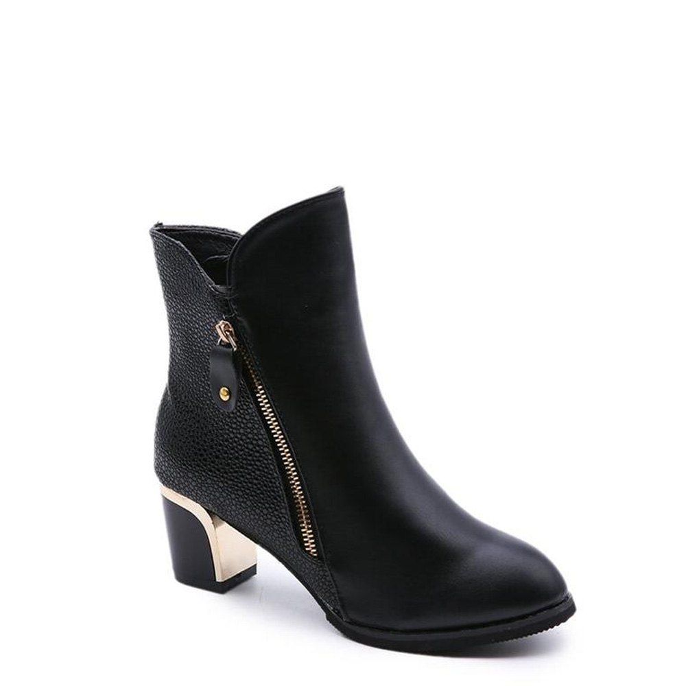 Zippered Chunky Heel Short Boots, Black