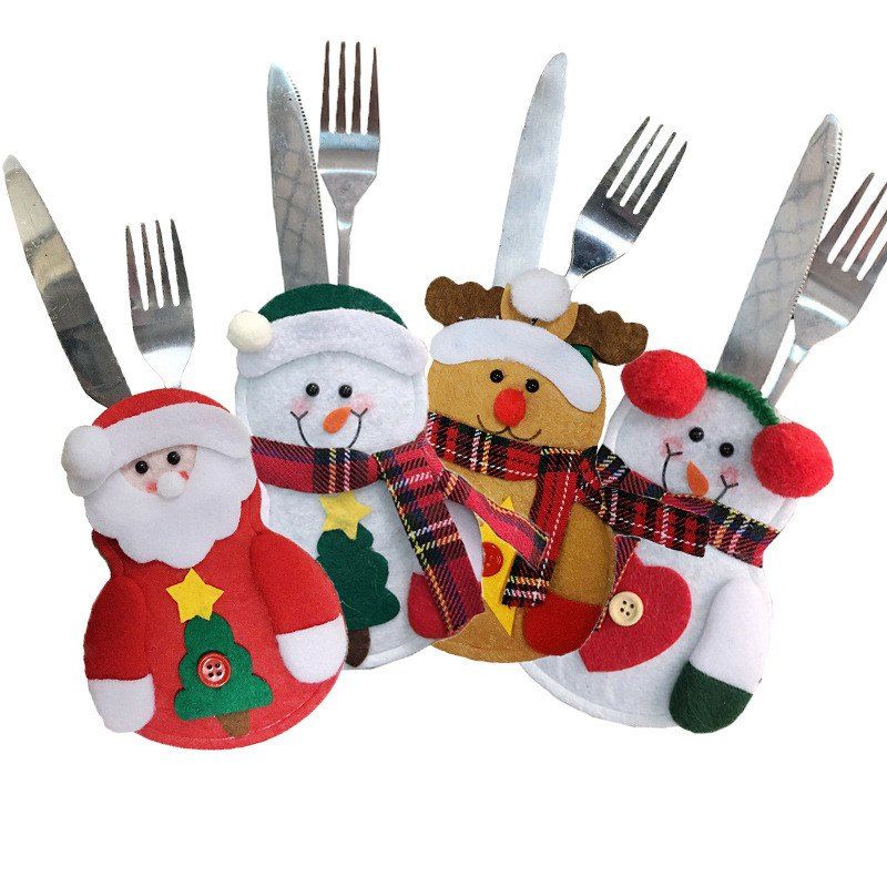 

4pcs Santa Claus Snowman Elk Knife and Fork Storage Bag Christmas Decoration, Colormix