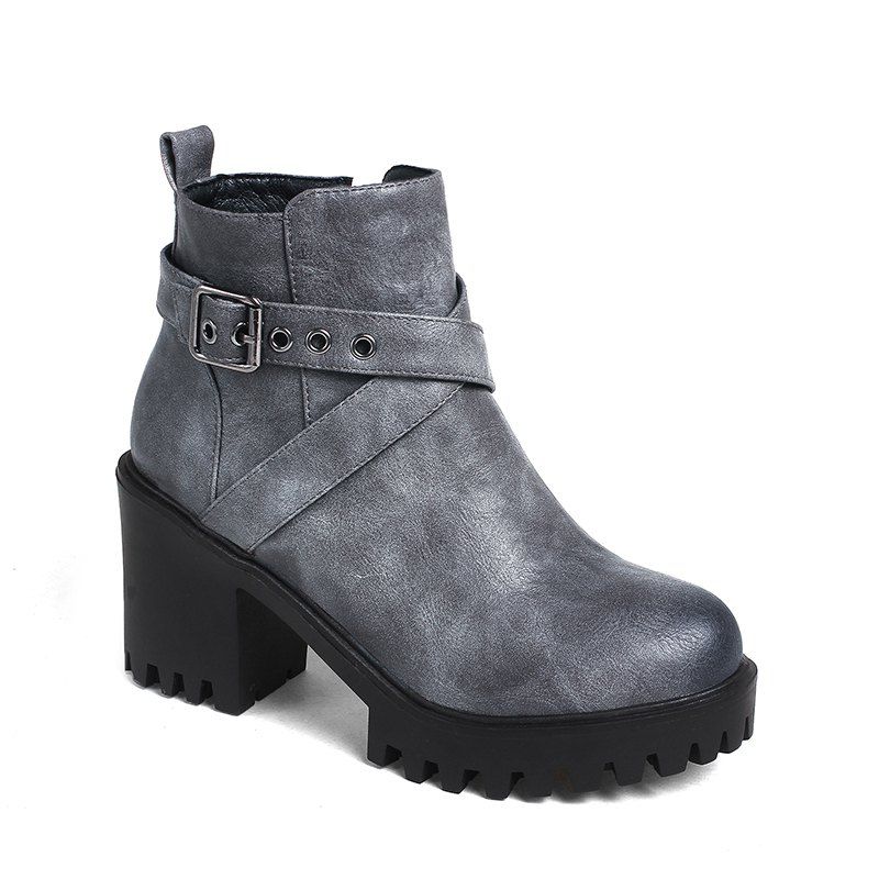 

Women's Shoes Leatherette Winter Fashion Bootie Chunky Heel Round Toe Buckle Zipper Casual Dress, Gray