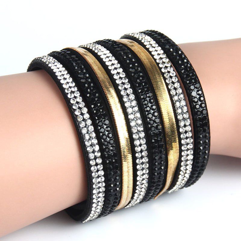 

2016 Fashion Style Rhinestone Leather Bracelet Crystal Multilayer Bracelets Bangles Golden Chain Woman Bracelets, Black
