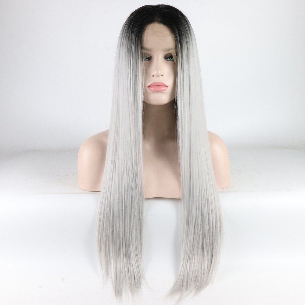 47 Off Silver Long Straight Ombre Color Black Root Heat