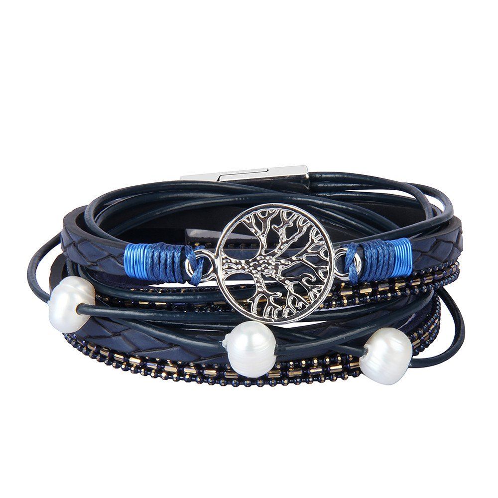 

Fashion Accessories Multi - Layer Cowhide Life Tree Magnet Clasp Bracelet, Blue