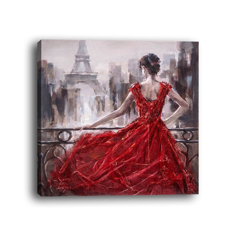 

Framed Canvas Background Wall Figure Red Skirt Girl's Back Decorative Print, Multi