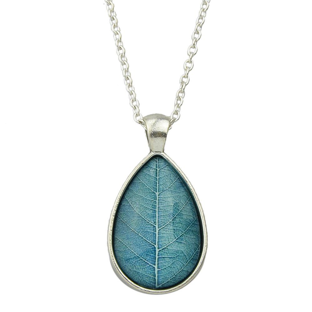 

Leaf Patter Charm with Water Drop Pendant Necklace, Denim blue