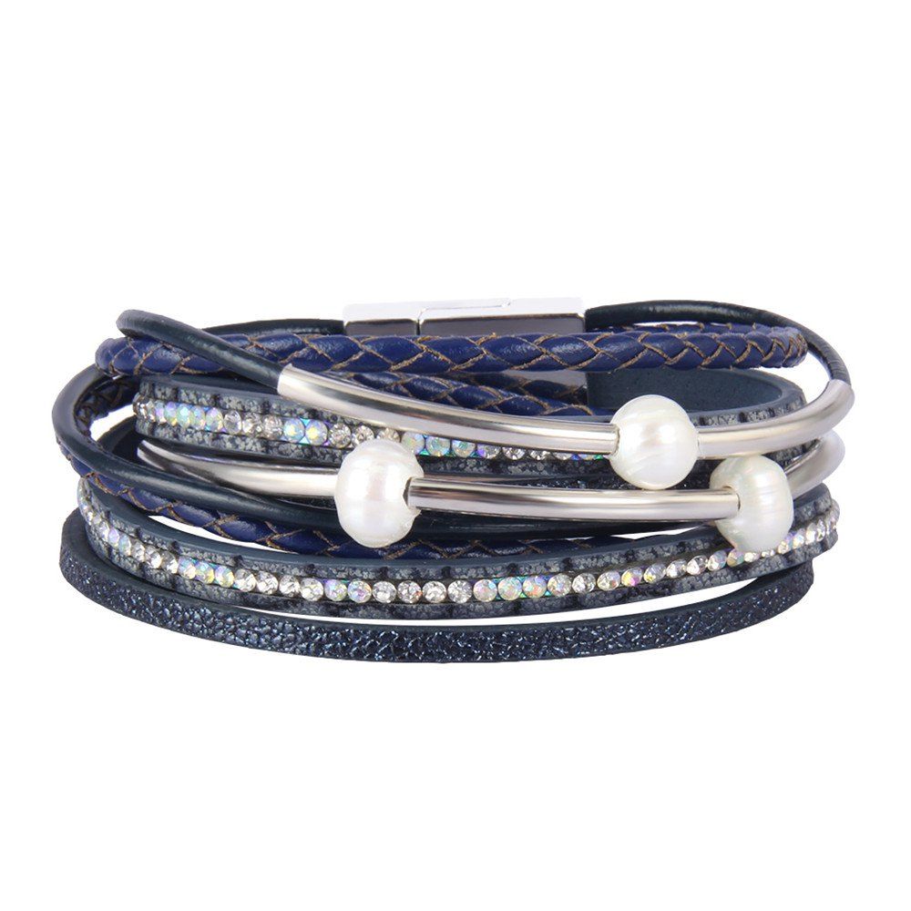 

Fashion Ornament Personality Multi-layer Cowhide Copper Tube Pearl Bracelet, Blue