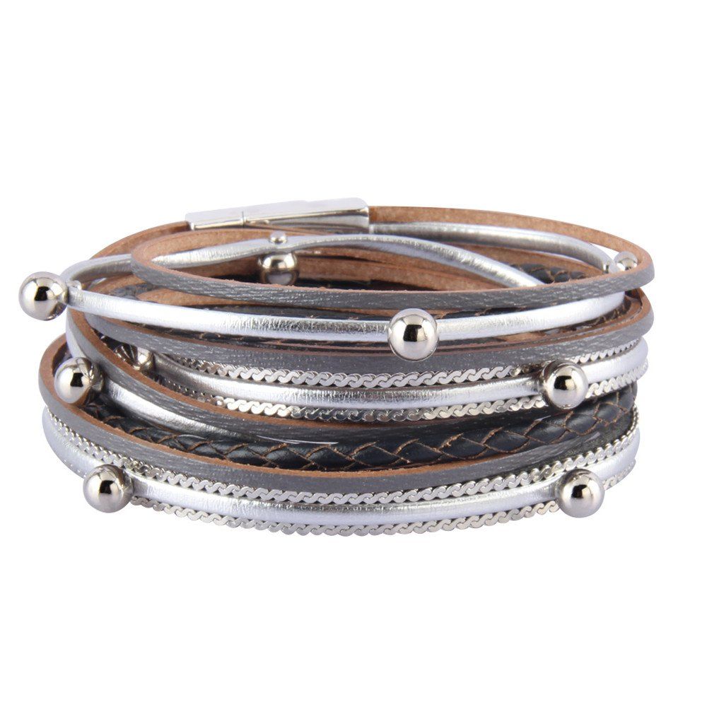 

Fashion Decorative Multi Layer Leather Light Bead Magnet Buckle Bracelet, Gray