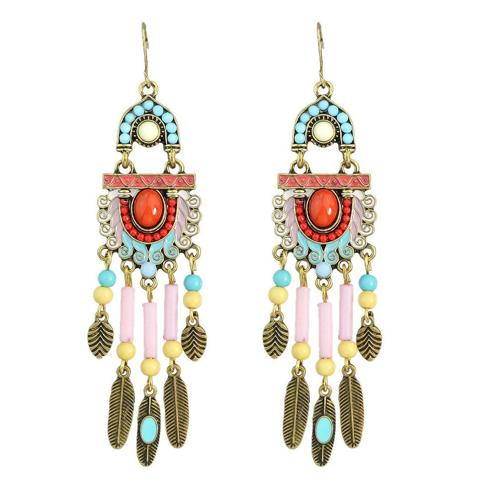

Feather Shape Tassel with Colorful Enamel and Bead Drop Earrings, Multi