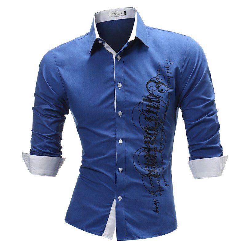 Men'S Printed Long Sleeved Lapel Casual Shirts, Blue