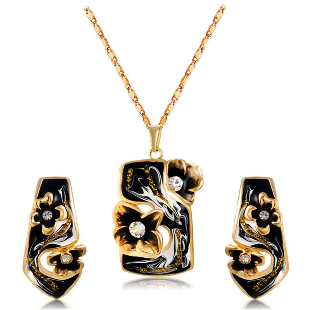 Gold Plated Black Drop Oil Flower Zircon Pendant Necklace Earring Set, Gunmetal
Gold Plated Black Drop Oil Flower Zircon Pendant Necklace Earring Set, Gunmetal