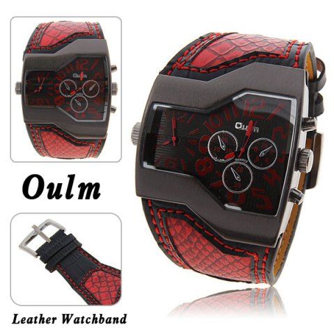 Firstgrabber Oulm Multi-Function Dual Movt Leather Wrist Watch with Quartz Dial for Male