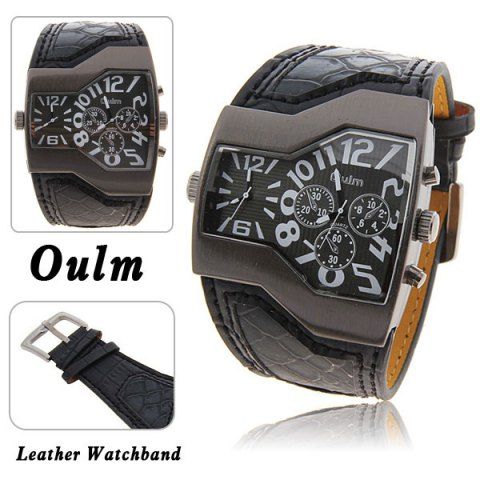 Firstgrabber Oulm Multi-Function Dual Movt Leather Wrist Watch with Quartz Dial for Male