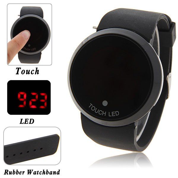 Black Stylish Digital Watch With Red Led Multifunction Dound Dial Silicone Band