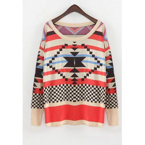 Affordable Christmas Style Scoop Neck Colorful Figures Splicing Long Sleeves Knitting Women's Sweater  