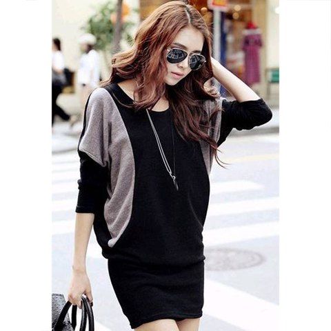 

Casual Style Color Splicing Scoop Neck Batwing Sleeve Knit Women's Dress, Black