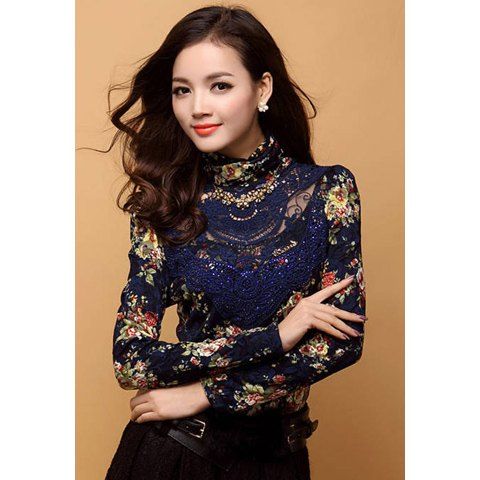 [30% OFF] Retro Style Thicken Embroidered Lace Turtleneck Puff Sleeve ...